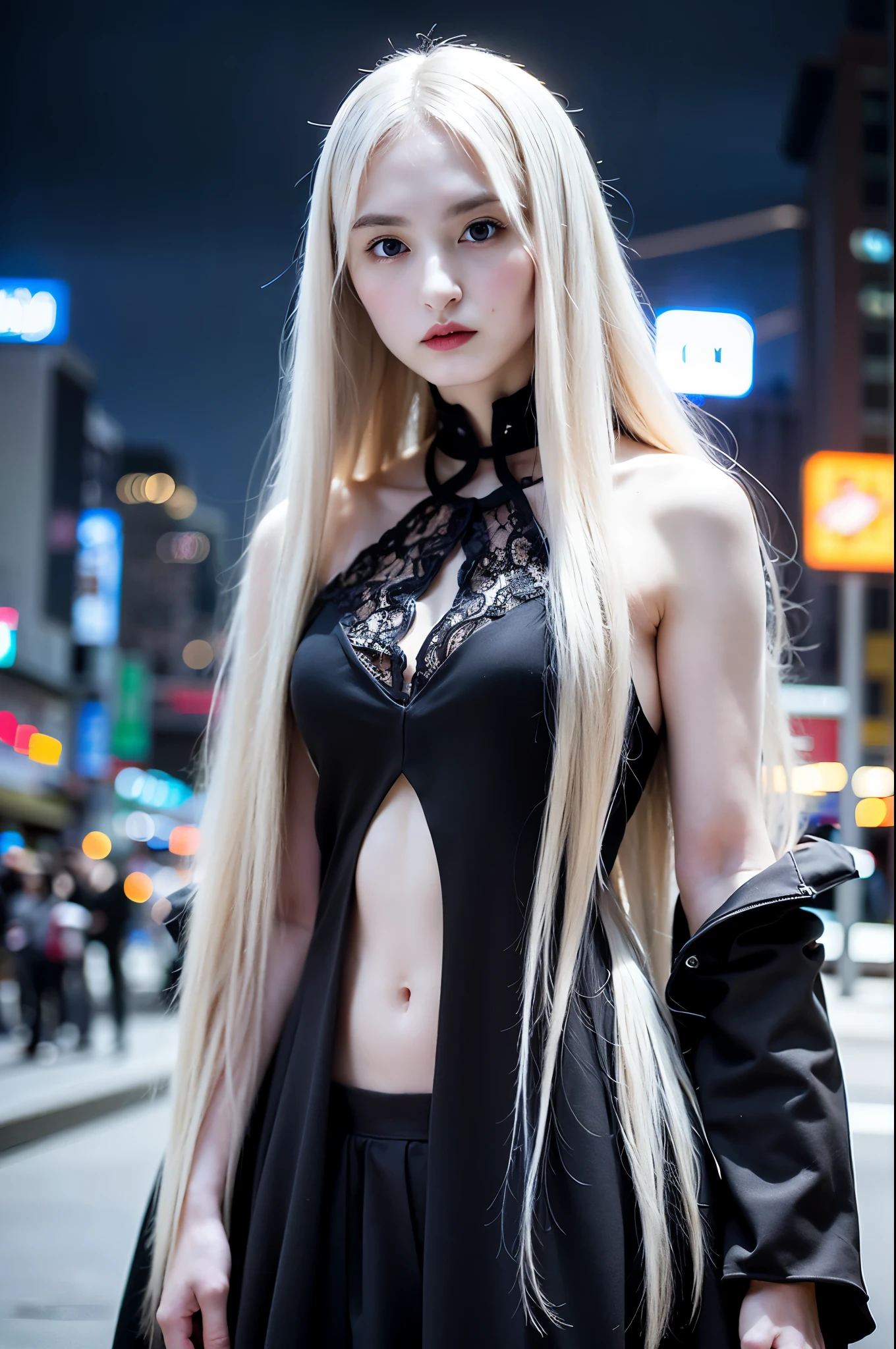 masterpiece, highest quality, (alone focus), (Perfect Face:1.1), (High detail:1.1),dramatic, 1 person, (Pale skin), Long white hair, White eyes, alone, Long Hair, moon, night, White luxury suit, vampire, Covered navel, Pouting, Covered, Victorian cities, Detailed Background, Gothic Renaissance, Cinema Lighting,