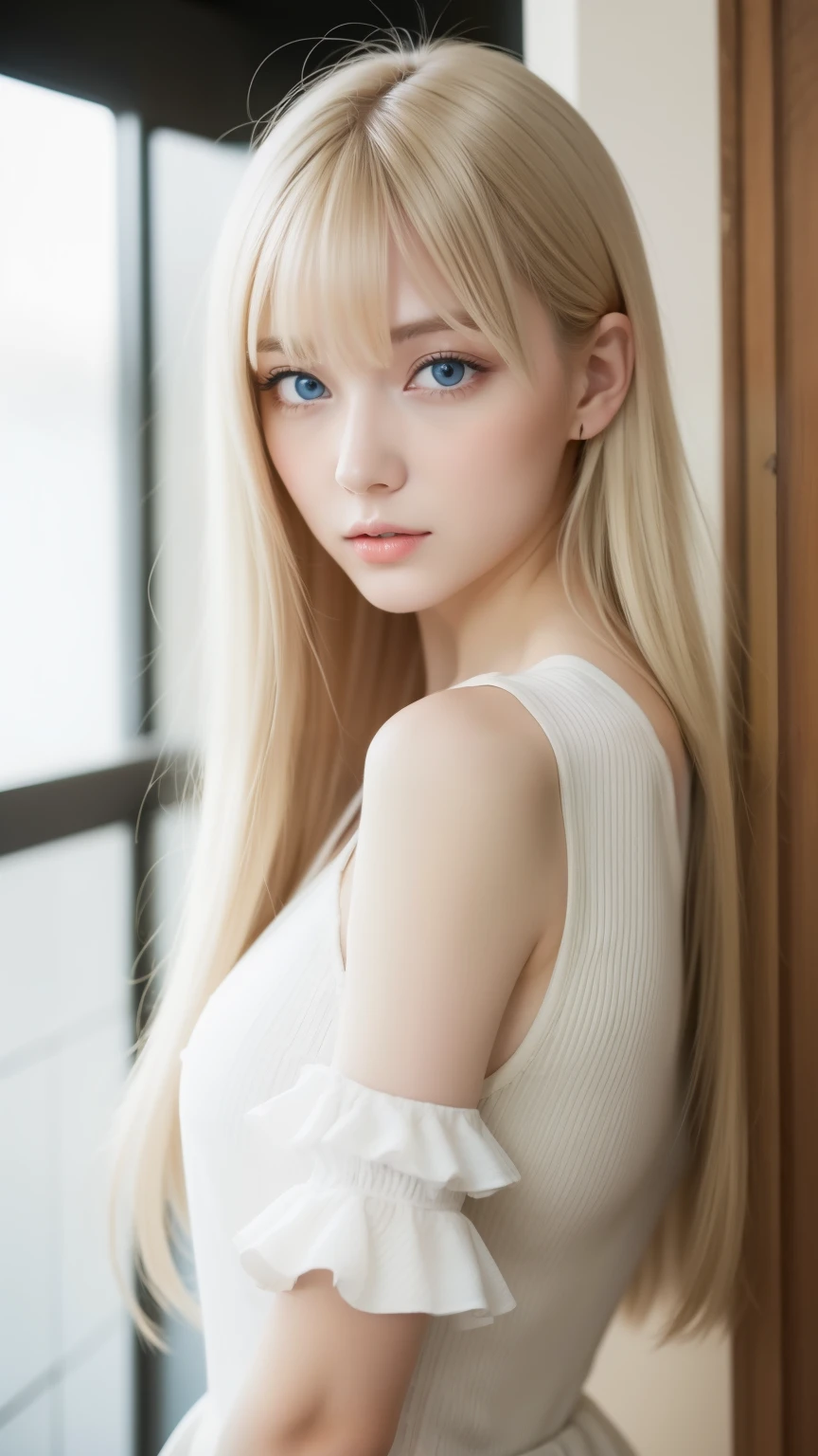 幻想的な空間に佇むbeautiful女性, White and gold tight micro dress, 8k, {{masterpiece}}, highest quality, expensive quality:1.4), {{[[Front view}}, eye_touch,Multiple photo poses)]], Very cute face, and very pretty eyes, Cute Images, Cute Images, {{Half Body}}, {{{{{{{{Long legs}}}}}}}}, {{{{Slim and sexy body}}}}, {{{{{{背のexpensive女性}}}}}}, {{height: 177cm}}, alone, beautiful, Lovely, Adorable, Pale skin, {{18〜22 year old German woman}}, look beautiful German girl and blue eyes or green eyes with platinum blonde hair color), Scandinavian German girl, {{{{{{{{{{Half Girl}}}}}}}}}}, {{{{{{{{{{expensive_all}}}}}}}}}},Large Breasts 、Cleavage