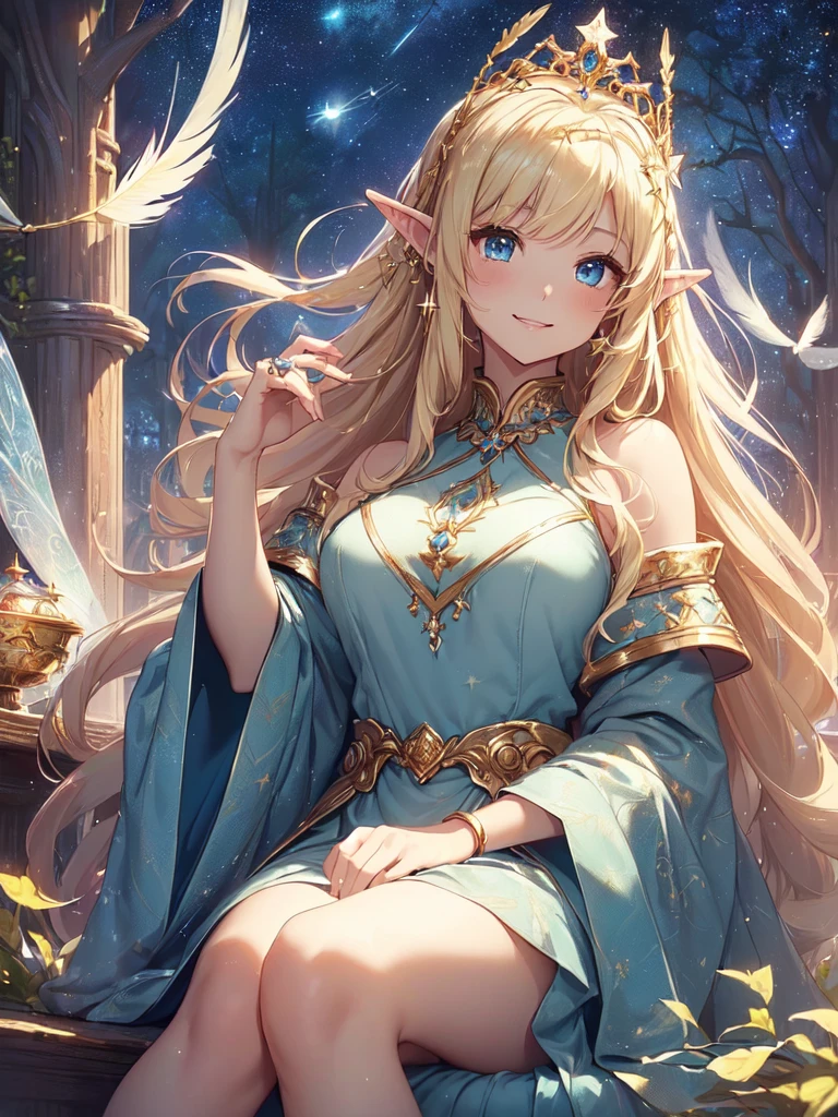 top-quality、Top image quality、masterpiece、The season is autumn、girl with((20yr old、Best Bust、big bast、Bust 90,Beautiful blue eyes、,Blonde long hair、A slender、Fairy feathers、In beautiful dresses of various colors、a closeup、sitting on、magic harp、Gold ring on wrist、beautiful tiara、hiquality、Beautiful Art、Background with((starrysky)))masutepiece、visualart、depth of fields、sky at night、、 、low angles、A sexy、Elven ears、Feathers glow in iridescent colors、light magic、in beautiful woods、Big treeid night、Flute melodies🎵、Fun Concerts、Happy smile、Gentle light、Magic Palace