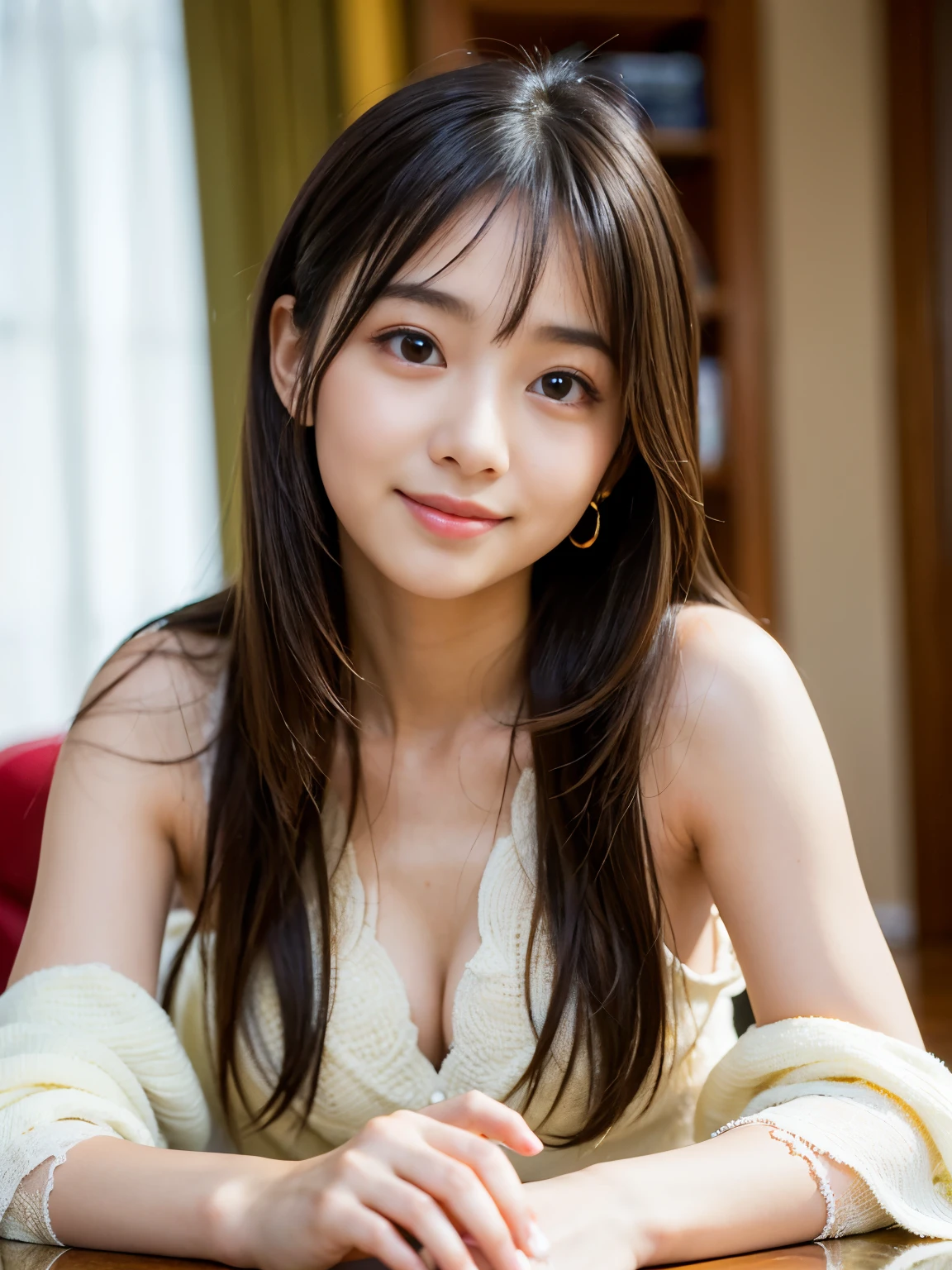 (Best-quality, Masterpiece, Ultra-High-Resolution, (Photorealistic:1.4), Raw Photo, depth of field, professional lighting, perfect anatomy, extremely details), 1girl, -yeld, thost famous Japanese idol, ((In luxurious-room, detailed luxurious-room)), (((wearing luxurious clothes with luxurious-design))), (extremely cute face like the most popular Japanese idol, (extremely cute and extremely big eyes), extremely beautiful skins), extremely beautiful hair, extremely cute long-eyelashes, extremely cute lips, looking at viewer, innocent smile