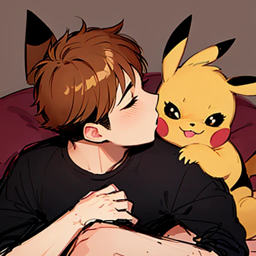 Feral Pikachu kisses On the cheek  a human Male With Brown fade haircut , 1 feral Pikachu, 1 boy 