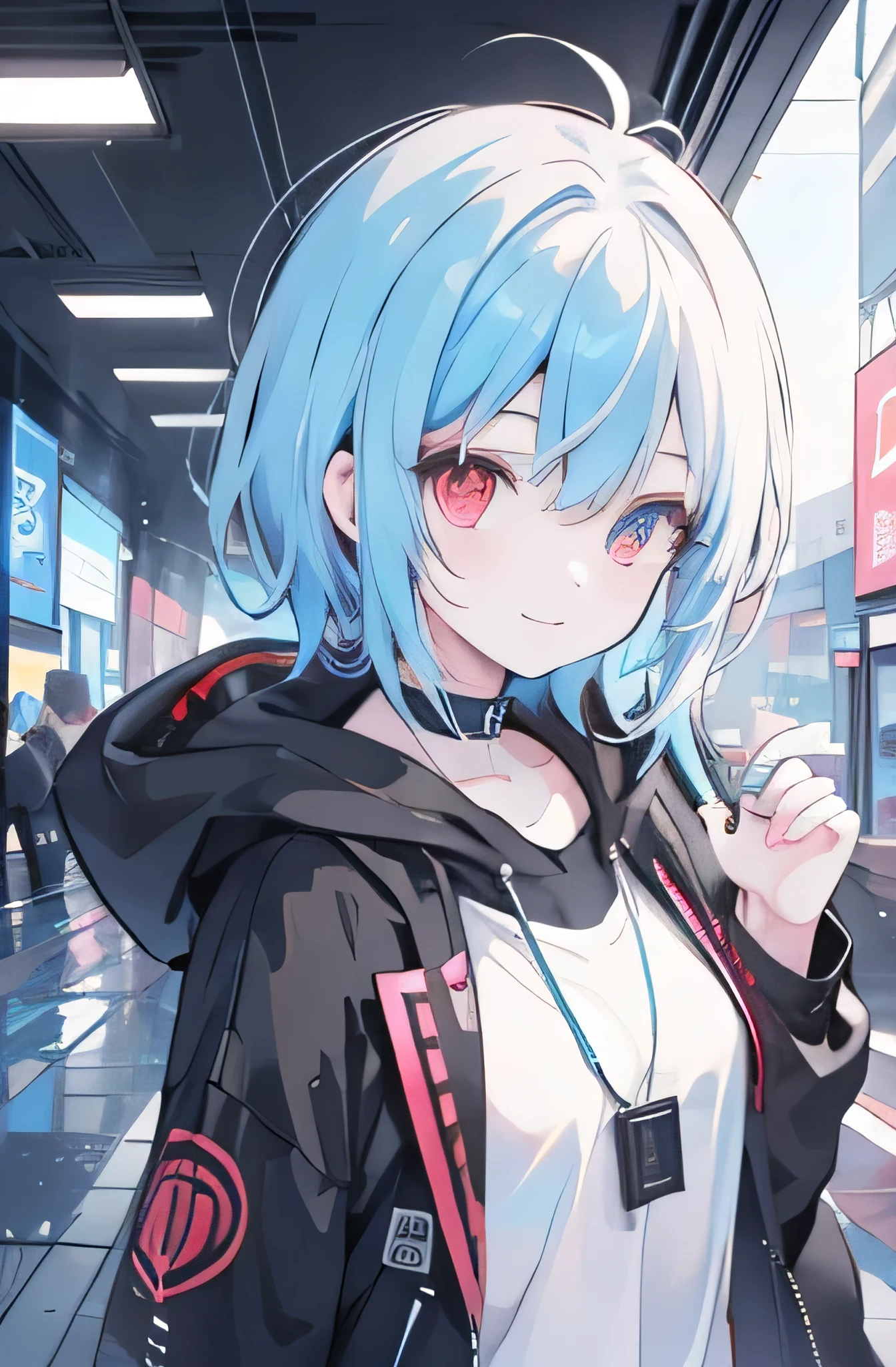 1girl, anime_coloring, yellow+red_eyes, blue_hair,multicolored eyes+heterochromia, _short_hair, smile, solo, style_parody wearing_cyberpunk_clothes,