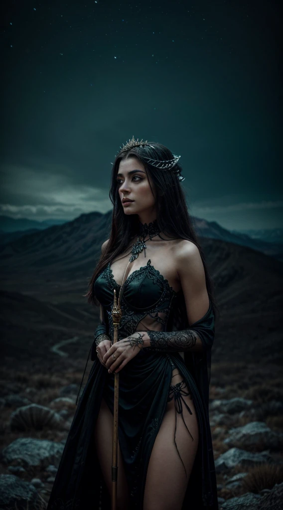 In a mesmerizing composition, a hauntingly beautiful death goddess stands tall in a barren mountain scape at night. Clad in flowing raiments that accentuate her well-defined figure, she holds a staff adorned with an intricate skull at its apex. Her long, untamed tresses cascade wildly around her pale face, serving as a stark contrast against her eerie glowing green eyes. This captivating image, perhaps a meticulously crafted painting, captivates with its vivid hues and masterful attention to detail. Every brushstroke brings forth the goddess's ethereal aura, and the barren mountain scape adds a sense of desolation and mystery. With its impeccable artistry and evocative qualities, this image promises to entrance onlookers with its dark elegance.