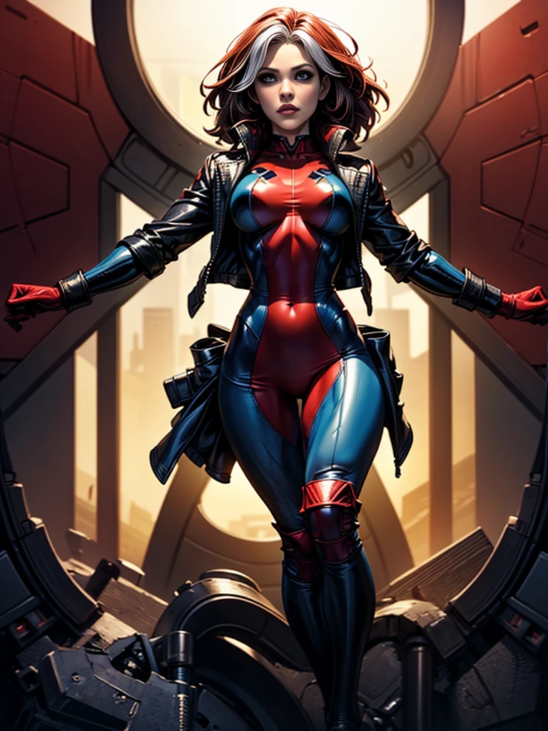 Jennifer Garner、masterpiece、High quality 4K、villain (X-Men)、Gothic Girl、Sculpted Body Gothic Makeup、Black jacket、Red and blue bodysuit、masterpiece、highest quality、Cowboy Shots、one personの女の子、one person、Technology Military Bodysuit、fringe