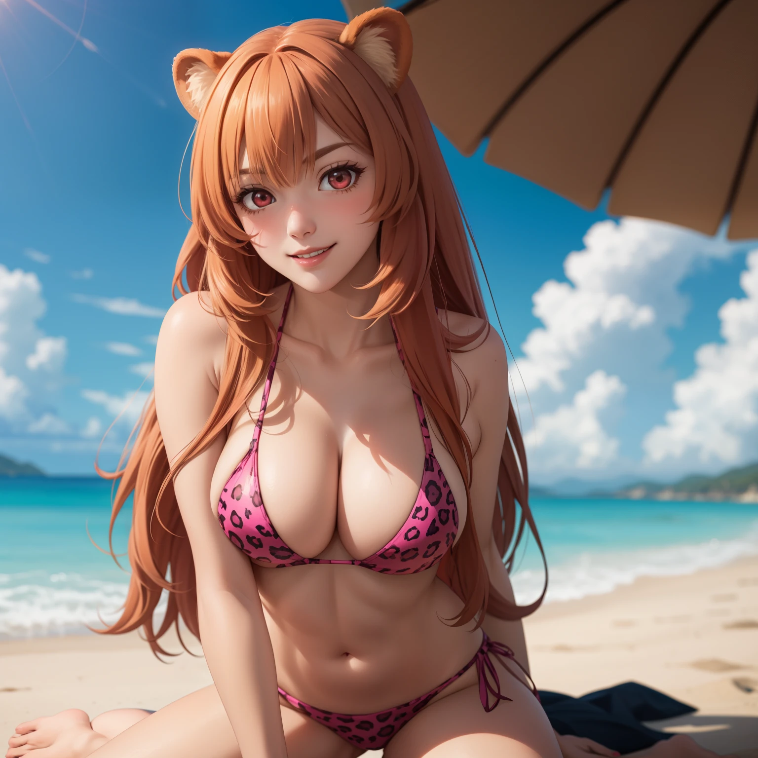 Raphtalia woman 35 years old straight orange hair , orejas de oso redondeadas, red eyes like ruby., sonrisa coqueta, pale skin, pechos grandes, pink jaguar design bikini, , orejas de oso, fondo una playa.