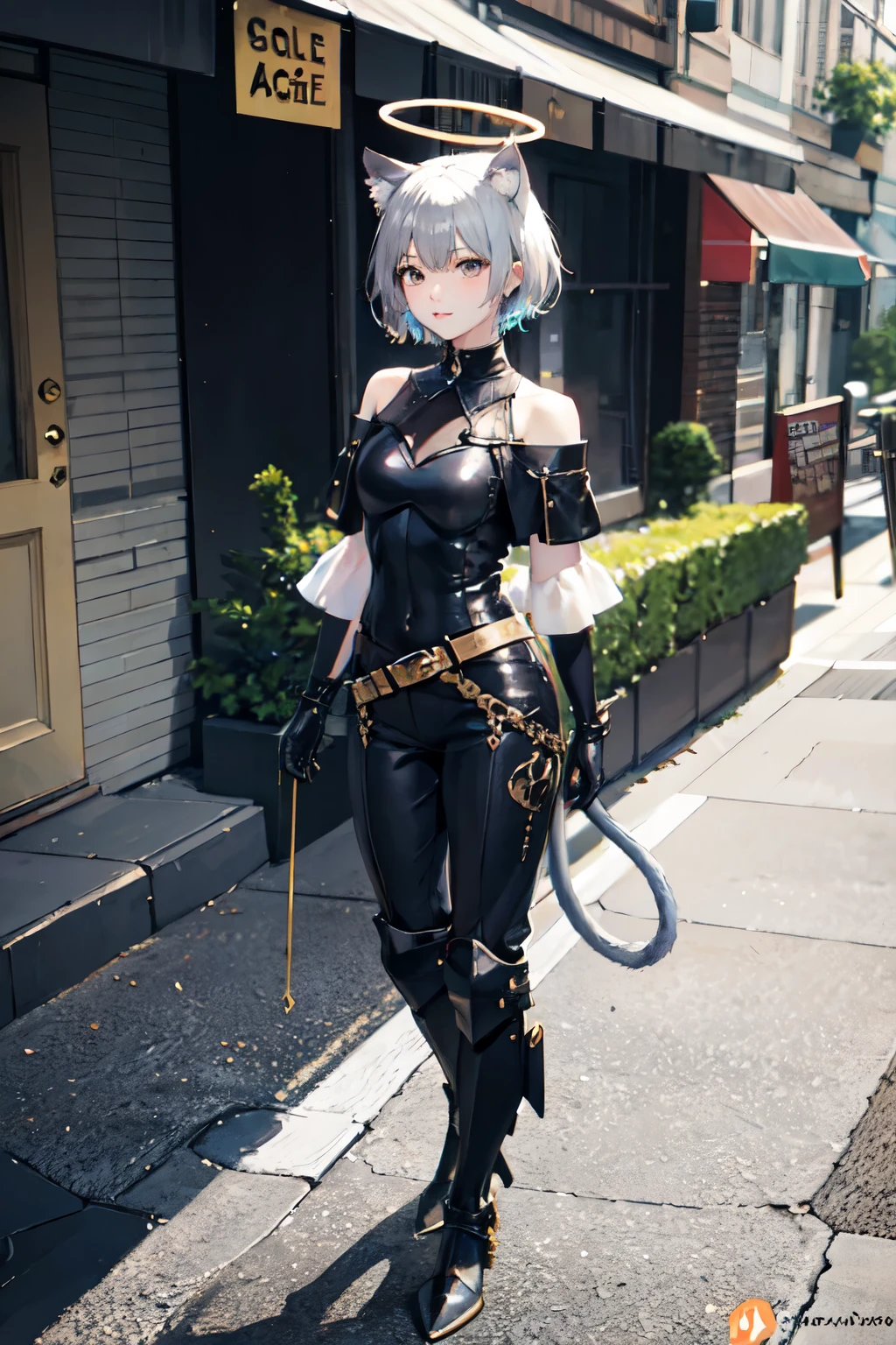 ((best quality)), ((masterpiece)), (detailed), solo, full body, standing, rogue, 1girl, off-shoulder, pants, armored dress, leather armor, leather gloves, halo, gold trim, gray short hair, cat ears, cat tail, shortsword