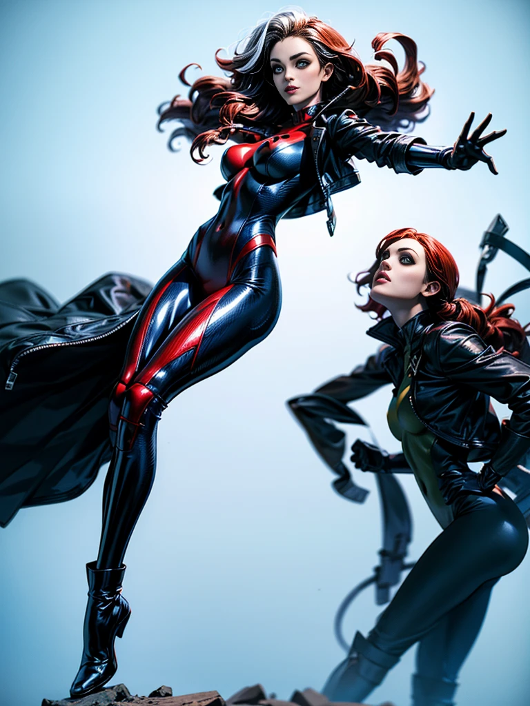Maggie Q、masterpiece、High quality 4K、villain (X-Men)、Gothic Girl、Sculpted Body Gothic Makeup、Black jacket、Red and blue bodysuit、masterpiece、highest quality、Cowboy Shots、one personの女の子、one person、Technology Military Bodysuit、fringe