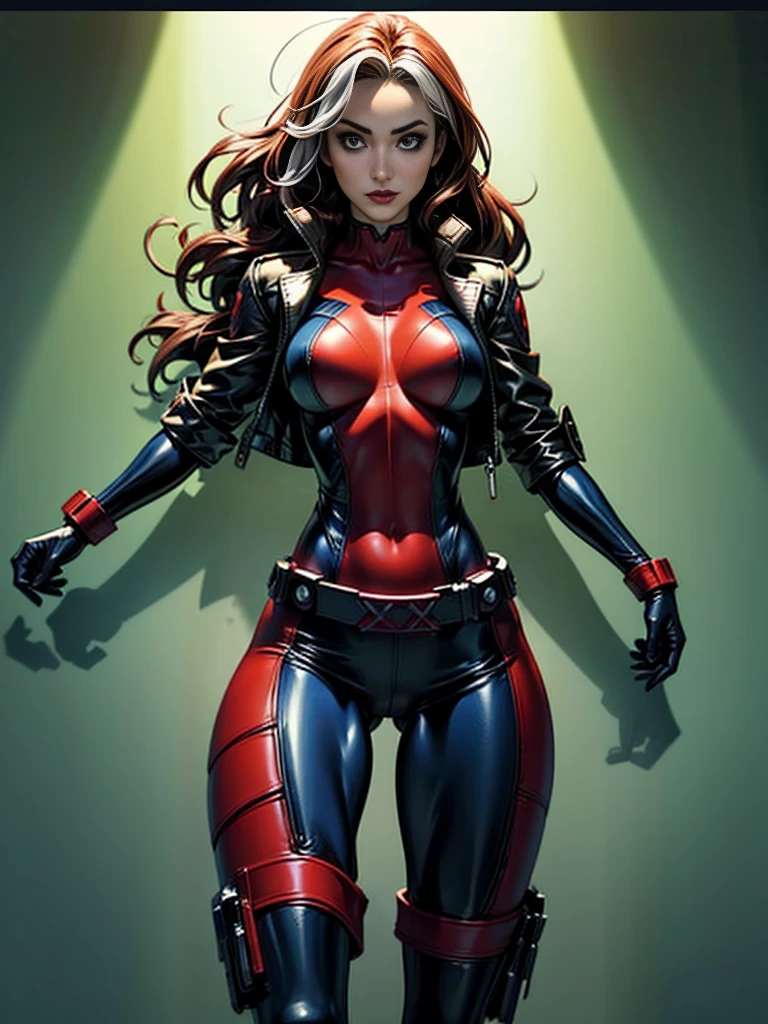 Maggie Q、masterpiece、High quality 4K、villain (X-Men)、Gothic Girl、Sculpted Body Gothic Makeup、Black jacket、Red and blue bodysuit、masterpiece、highest quality、Cowboy Shots、one personの女の子、one person、Technology Military Bodysuit、fringe