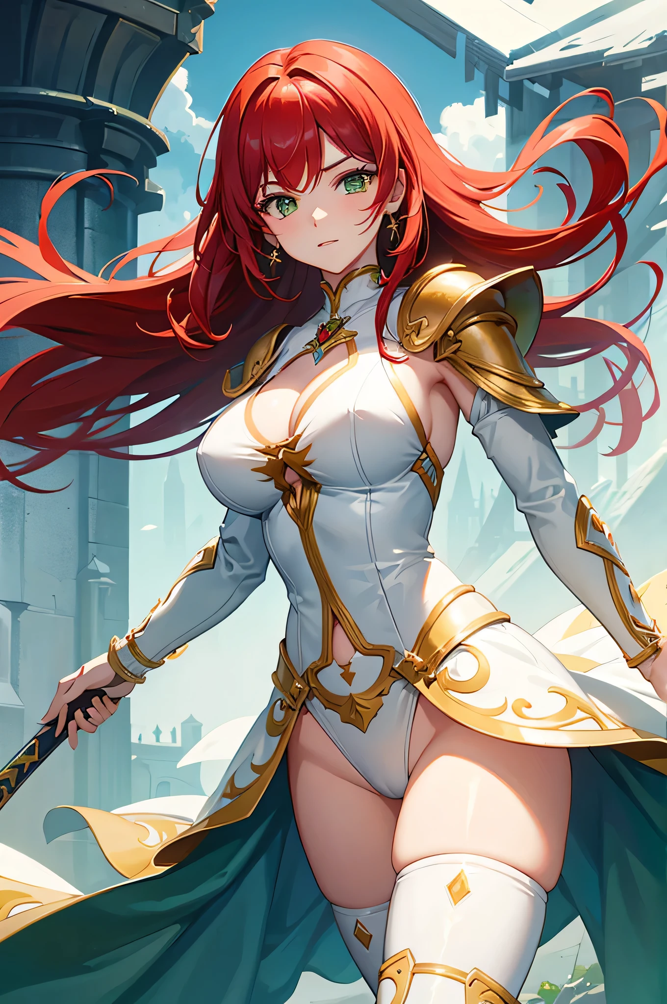 4k,High resolution,One Woman,Red Hair,long hair,Green Eyes,Big Breasts,Brave,White high leg leotard armor,White boots,Jewelry decoration,Long sword,Medieval village