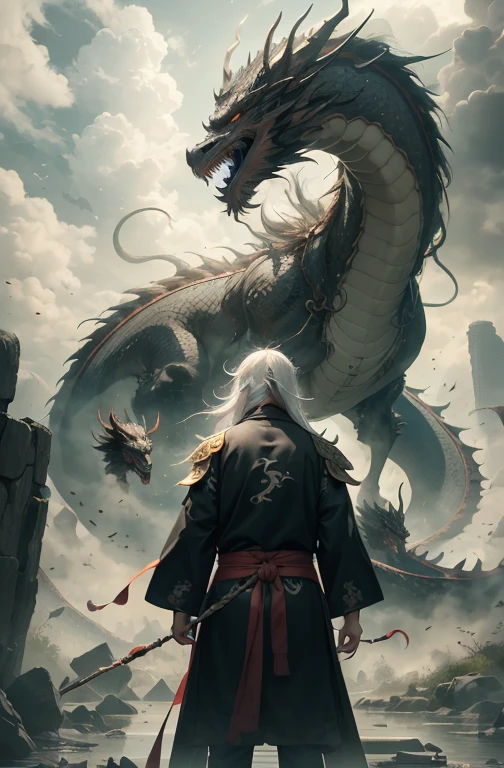 masterpiece,highest quality,High detail,Spectacular and highly detailed,Great quality,8k,Unreal Engine,Super detailed,High Contrast,Hyper Detail,highest quality at best,Ultra-high resolution,Zhangjiajie City,A sky full of clouds facing the dragon,The dragon faces forward、The city of Kyoto、Wearing a mecha robe,Long white hair,chinese style clothing,With your back to the viewer