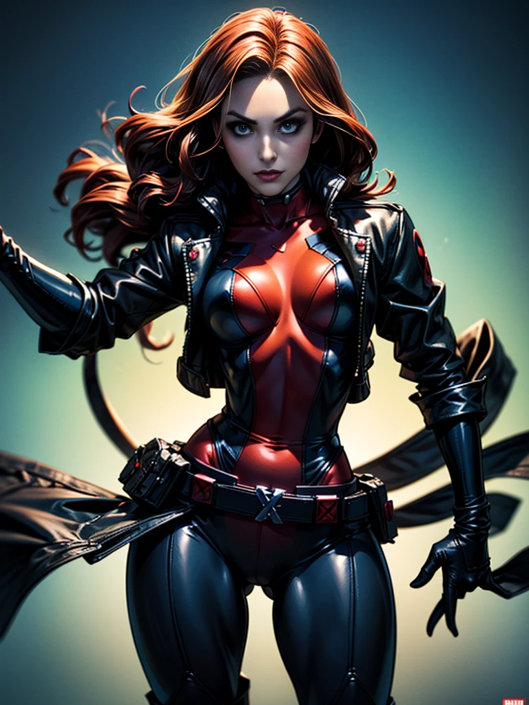 Anna Tove、masterpiece、High quality 4K、villain (X-Men)、Gothic Girl、Sculpted Body Gothic Makeup、Black jacket、Red and blue bodysuit、masterpiece、highest quality、Cowboy Shots、one personの女の子、one person、Technology Military Bodysuit、fringe
