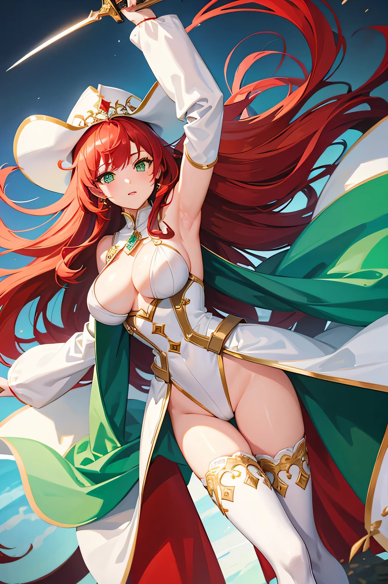 4k,High resolution,One Woman,Red Hair,long hair,Green Eyes,Big Breasts,Brave,White high leg leotard armor,White boots,White hat,Jewelry decoration,Long sword,Medieval village