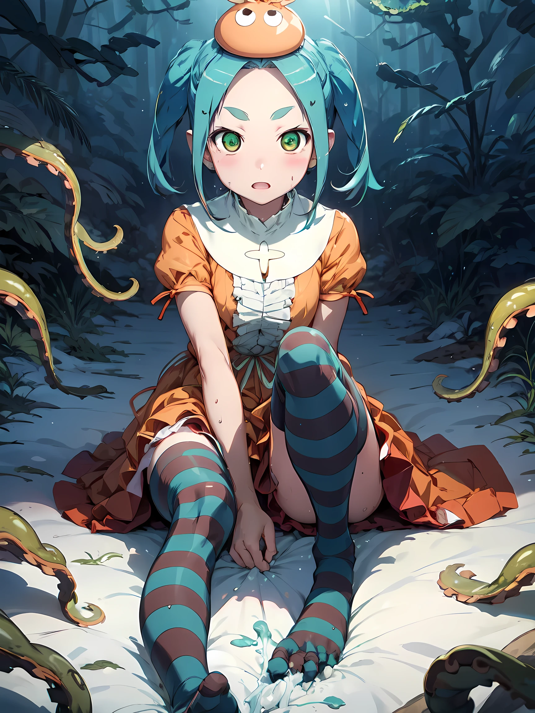NSFW:1.4), Masterpiece, Best Quality, Ultra high definition, Best Resolution, Very detailed, Anime, ononokiyotsugi, aqua hair, short hair, green eyes, twintails, thick eyebrows, striped pantyhose, blue and gray pantyhose, dress, orange dress, white turtle neck collar, white frills, hat, puffy sleeves, short sleeves, full body, Slender, Very cute, Small breasts, Semi-long hair, Lying down, Wide open legs, Raised legs, Semi-undressing, Wet clothes, Wet body, Sweat, Under the breasts, Embarrassed, blushing, Cleavage, octopus, Sunlight, tentacles, sex, (raped by tentacles:1.2), Restraints, Spread legs, (Vaginal with tentacles inserted:1.4), creampie, Breast Out