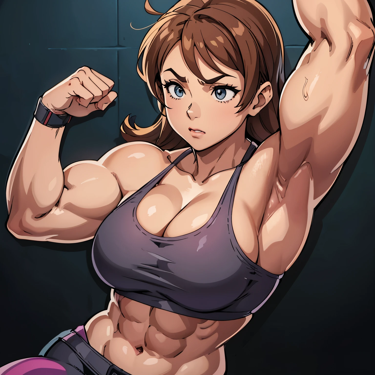 Muscle hypertrophy is significant, especially in the area of the biceps, which are large in size, which may be the result of strength training focused on the expansion of muscle mass. A woman's waist is noticeably narrower in relation to her shoulders, which creates the 'V-taper' effect desired in bodybuilding, i.e. a shape resembling the letter "V" created by the shoulder line leading into a narrow waist. The skin on the arms is smooth and the muscle tone under the skin is clearly visible. Light reflections on the skin suggest that it is smooth and slightly oiled or moist, the 'muscle belly' of the biceps more rounded forms, which may indicate a greater amount of fat tissue, giving the figure a softer and fuller shape Bulk body type well-defined abdominal oblique muscles, 1. **Biceps**: 36 cm in circumference 2. **Chest**: 100 cm circumference 3. **Waist**: 70 cm circumference 4. **Hips**: 95 cm circumference 5. **Thigh**: 60 cm circumference, Tightly tightened breasts with a bypass