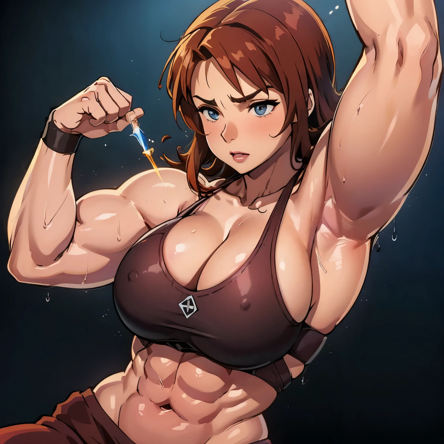 Muscle hypertrophy is significant, especially in the area of the biceps, which are large in size, which may be the result of strength training focused on the expansion of muscle mass. A woman's waist is noticeably narrower in relation to her shoulders, which creates the 'V-taper' effect d in bodybuilding, i.e. a shape resembling the letter "V" created by the shoulder line leading into a narrow waist. The skin on the arms is smooth and the muscle tone under the skin is clearly visible. Light reflections on the skin suggest that it is smooth and slightly oiled or moist, the 'muscle belly' of the biceps more rounded forms, which may indicate a greater amount of fat tissue, giving the figure a softer and fuller shape Bulk body type well-defined abdominal oblique muscles, 1. Biceps: 36 cm in circumference 2. Chest: 100 cm circumference 3. Waist: 70 cm circumference 4. Hips: 95 cm circumference 5. Thigh: 60 cm circumference, Tightly tightened breasts with a bypass