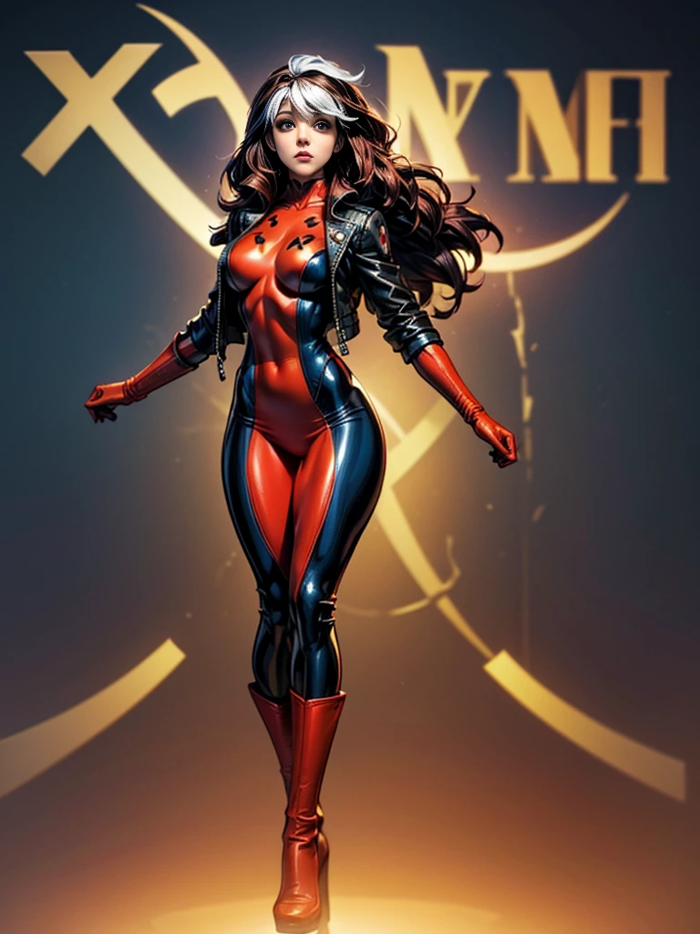 Zooey Deschanel、masterpiece、High quality 4K、villain (X-Men)、Gothic Girl、Sculpted Body Gothic Makeup、Black jacket、Red and blue bodysuit、masterpiece、highest quality、Cowboy Shots、one personの女の子、one person、Technology Military Bodysuit、fringe