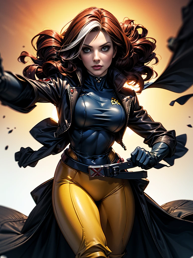 Sandra Bullock、masterpiece、High quality 4K、villain (X-Men)、Gothic Girl、Sculpted Body Gothic Makeup、Black jacket、Red and blue bodysuit、masterpiece、highest quality、Cowboy Shots、one personの女の子、one person、Technology Military Bodysuit、fringe