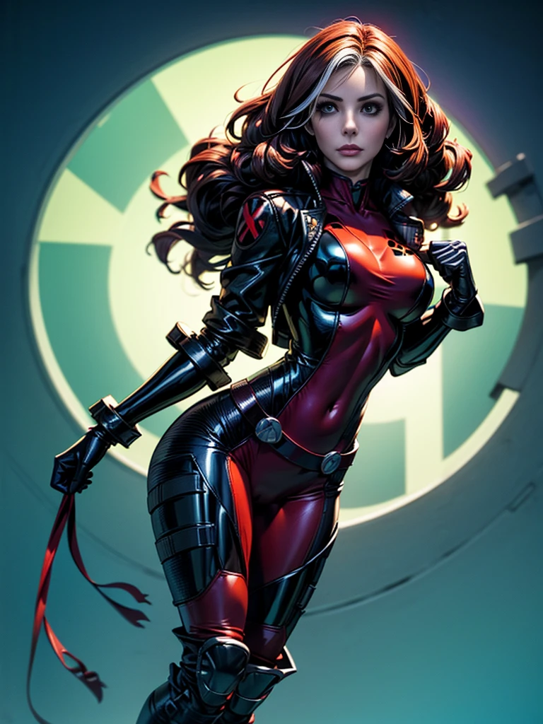 Sandra Bullock、masterpiece、High quality 4K、villain (X-Men)、Gothic Girl、Sculpted Body Gothic Makeup、Black jacket、Red and blue bodysuit、masterpiece、highest quality、Cowboy Shots、one personの女の子、one person、Technology Military Bodysuit、fringe
