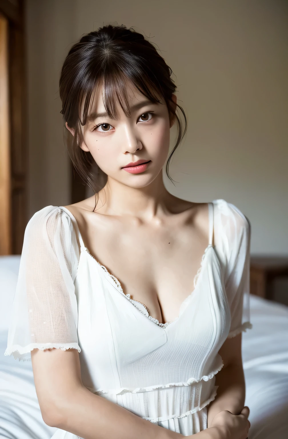 ((8k:1.27)、highest quality、masterpiece、超A high resolution:1.2)Beautiful Chinese women photos(Comfortable:1.1) (White shirt:1.21) Designed by Greg Rutkowski and Alphonse Mucha: Exquisite Elegance、Fantasy、detailed、geometry、Gradient lighting、One Girl、Delicate skin、Looking at the audience、Brown eyes、(Short hair with bangs:1.2)、(Mid-chest:1.0)、(middle breast wheel:0.8)、(Realistic:1.4)、(highest quality:1.0)、(超A high resolution:1.0)、8k、Raw photo、(masterpiece:0.2)、(Purelos Face_v1:0.5)、 White clothes、Cowboy Shot、On the bed