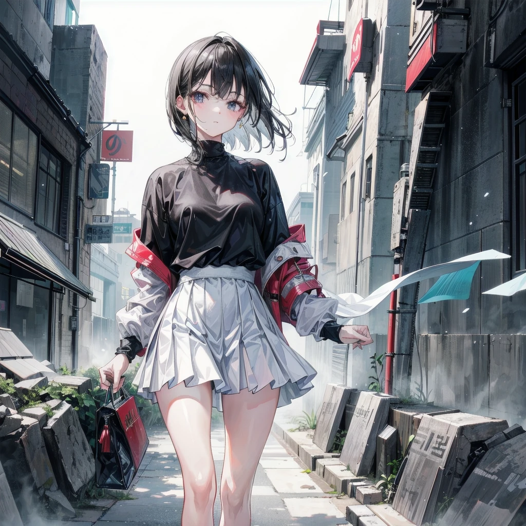 a beautiful young asian woman with a delicate and detailed face, short medium length black hair, wearing a  consisting of a white summer shirt and short skirt, she has a tearful mole on her face and is wearing an earring, her skin is pale and she has a perfect body with ideal proportions, this highly detailed, hyperrealistic, 32k resolution, RAW photo is a masterpiece of the highest quality