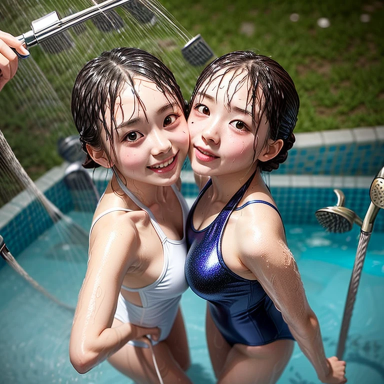 SFW, (Snapshot of girls having fun, open shower room by the pool), Braid hair, With bangs、(School Swimwear), the body is covered with juice、Sweating、be sweaty、Wet pearl skin, ((Wet swimsuit)), Perfect Lighting, Clear Focus, (bokeH:1.4), Roundly butts, { (shower:1.6) | (Kissing face to face) | Overflowing Gigantic sideboob | Butt cruck | (from above:1.4) }, hidden hands . BREAK (NOGIZAKA girls)  ((Extremely Detailed very KAWAII face variations)), perfect anatomy, Childish, captivating gaze, elaborate detailed Eyes with (sparkling highlights:1.28), long eyelashes、Glossy RED Lips with beautiful details, Coquettish tongue, Rosy cheeks . { (Dynamic joyful expressions) | (:d) }, (no large eyes) . (close-up:1.28)