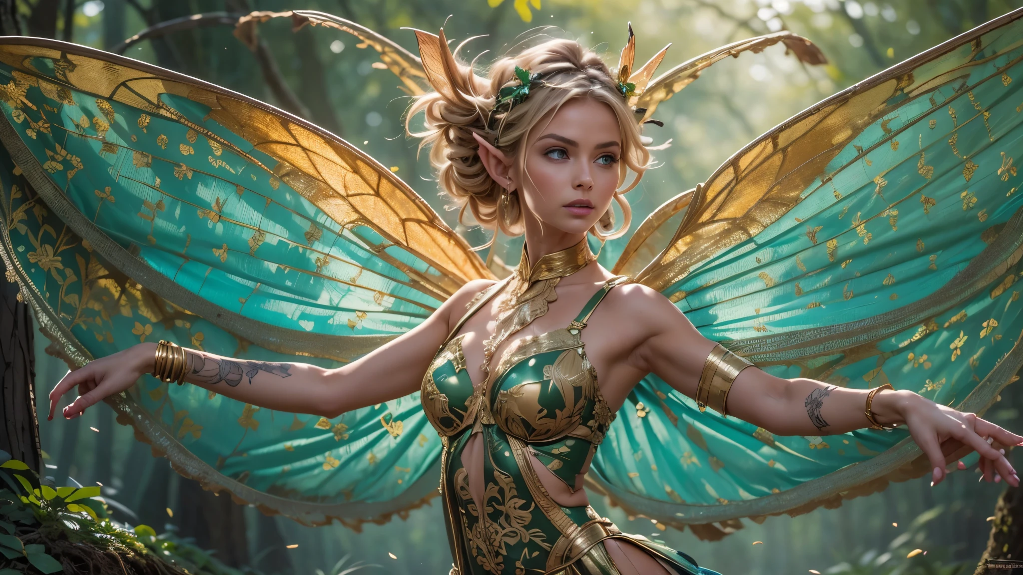 Beautiful faerie woman, elf ear, flying, hovering, floating, centered holographic dragonfly wings, balanced wings, glowing blue eyes, detailed proportional hand, manicured hands, proportional body, firm breast, silk tutu, oak tree forest, frank Frazzetta painting style, (Best Quality:1.4), (Ultra-detailed), (extremely detailed CG unified 8k wallpaper), Highly detailed, RAW Photos, Professional Photography, plein air, Illumination, (Super fancy photos:1.4), (Dazzling light), Radiant Photography, depth of fields,
