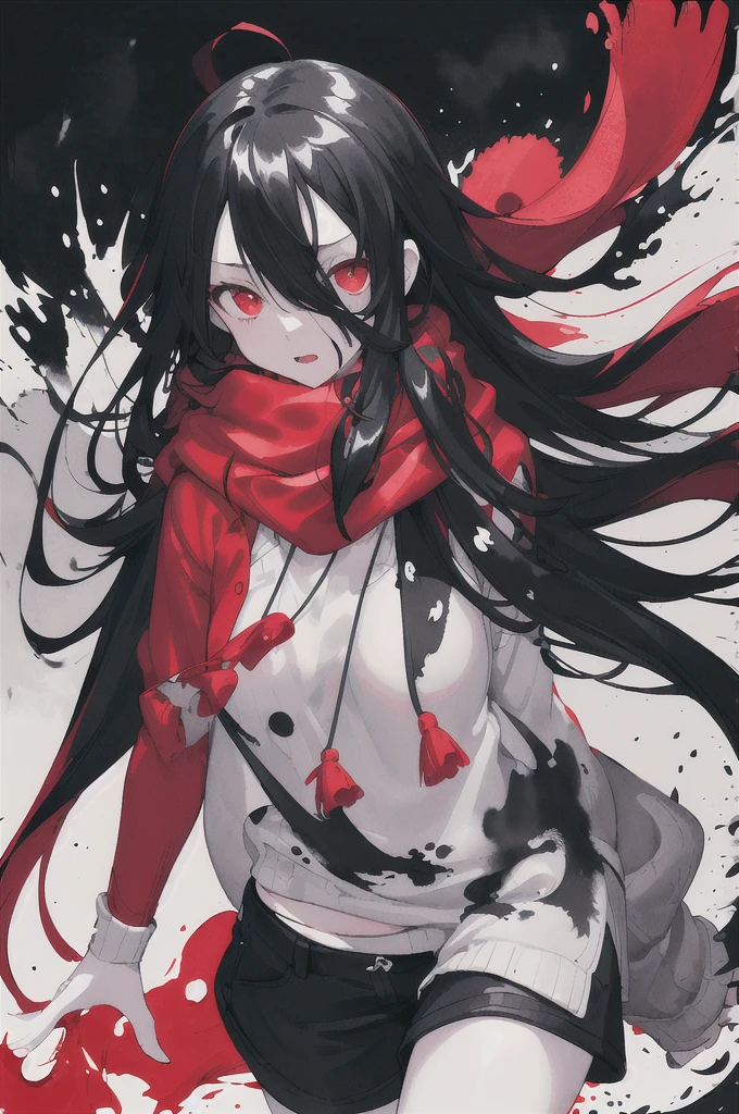 1girl,(black hair)),red eyes,radish,long hair,(loose long hair),((oversized sweater)),(black shorts),scarf,red moon on the sky,night,floating snowflakes falling,upper body,the street has street lights,intense,((Ink wash painting)),((ink splashing)),((color splashing)),