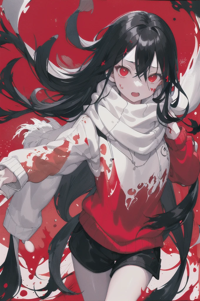 1girl,(black hair)),red eyes,radish,long hair,(loose long hair),((oversized sweater)),(black shorts),scarf,red moon on the sky,night,floating snowflakes falling,upper body,the street has street lights,intense,((Ink wash painting)),((ink splashing)),((color splashing)),