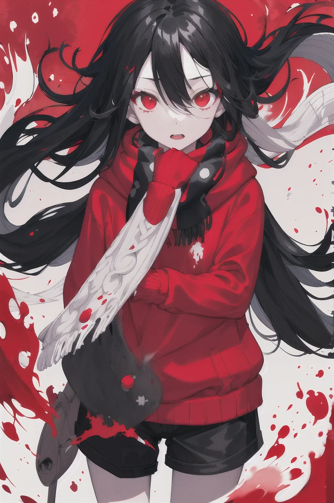 1girl,(black hair)),red eyes,radish,long hair,(loose long hair),((oversized sweater)),(black shorts),scarf,red moon on the sky,night,floating snowflakes falling,upper body,the street has street lights,intense,((Ink wash painting)),((ink splashing)),((color splashing)),