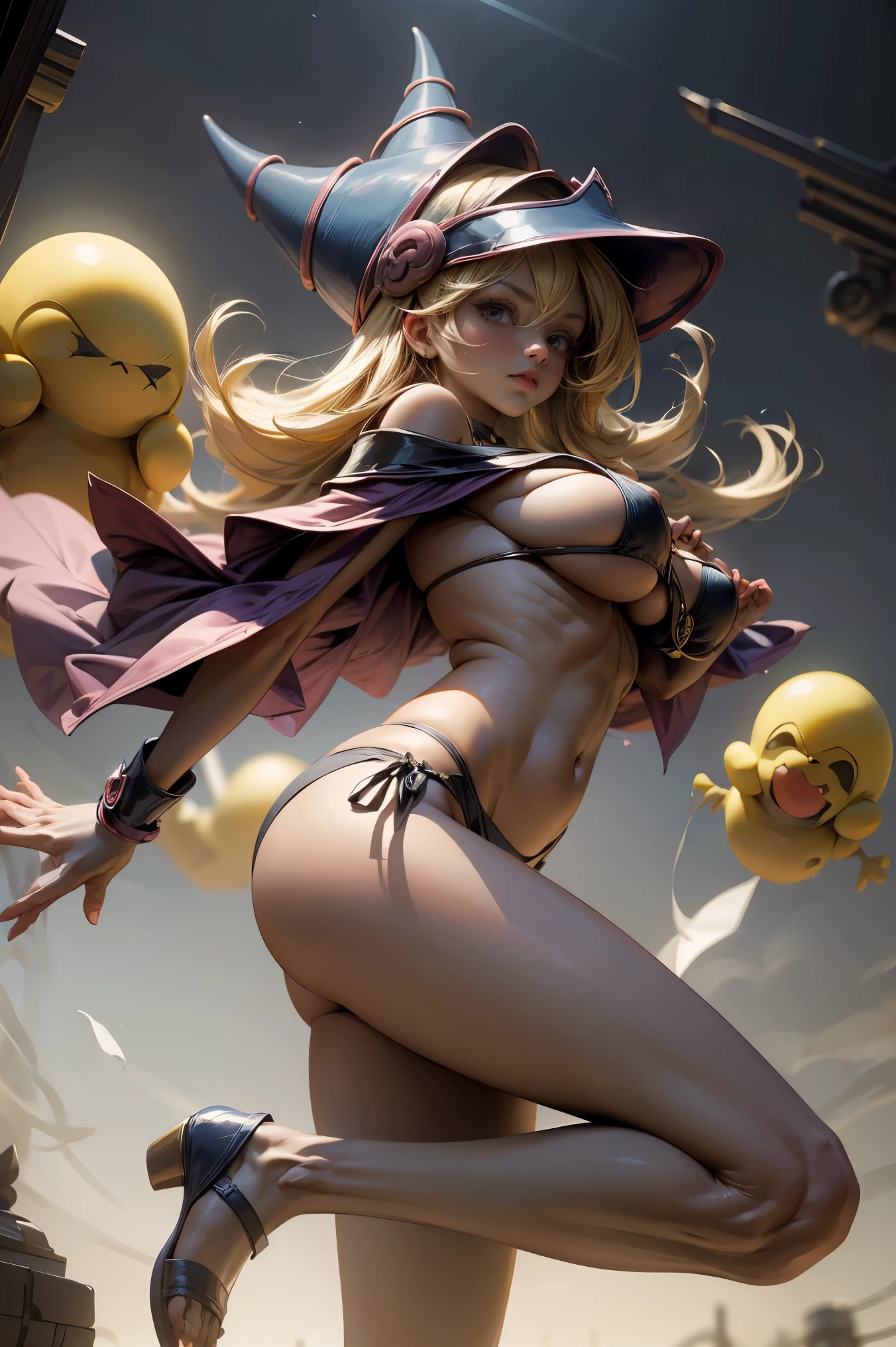 (Obra maestra:1.2), (La mejor calidad:1.2), perfect lighting, Chica Maga Oscura lanzando un hechizo, flotando en el aire, tetas grandes, escote, fondo de magia. Corazones transparente en el hambiente, bata azul, sombrero grande, desde arriba, Destellos, Yugioh Card en el fondo. En tacones y en bikini