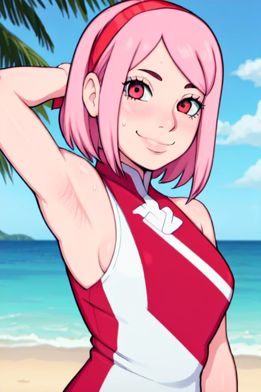 masterpiece, best quality, looking at viewer, upper body, portrait, looking at viewer, seductive smile, put your hands behind your head, armpits, armpits visible, sweaty armpits, haruna sakura, very small breasts, short pink hair, wearing red outfit, red bandana, beach backround