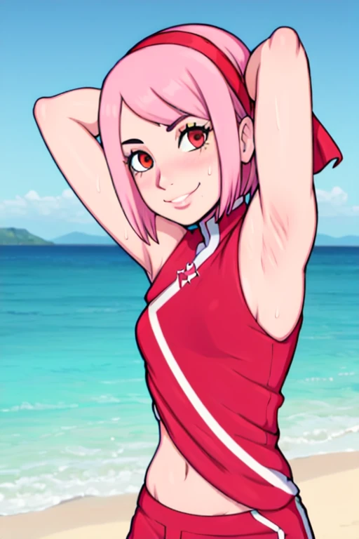 masterpiece, best quality, looking at viewer, upper body, portrait, looking at viewer, seductive smile, put your hands behind your head, armpits, armpits visible, sweaty armpits, haruna sakura, very small breasts, short pink hair, wearing red outfit, red bandana, beach backround