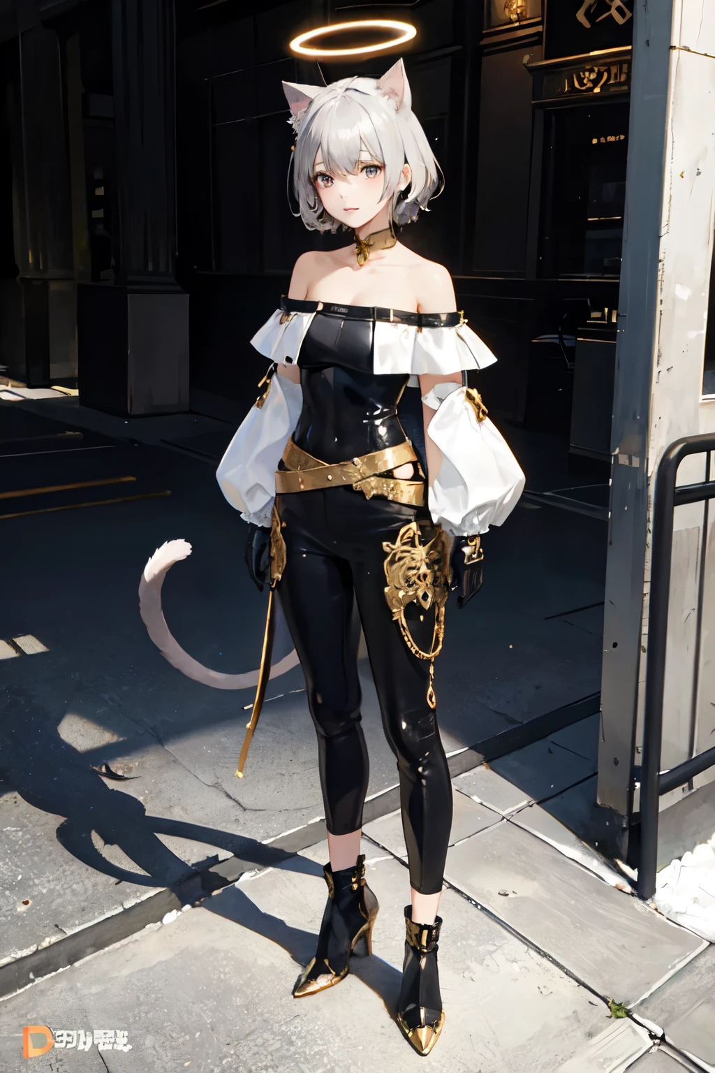 ((best quality)), ((masterpiece)), (detailed), solo, full body, standing, rogue, 1girl, off-shoulder, pants, armored dress, leather armor, leather gloves, (halo, gold trim), short gray hair, cat ears, cat tail,