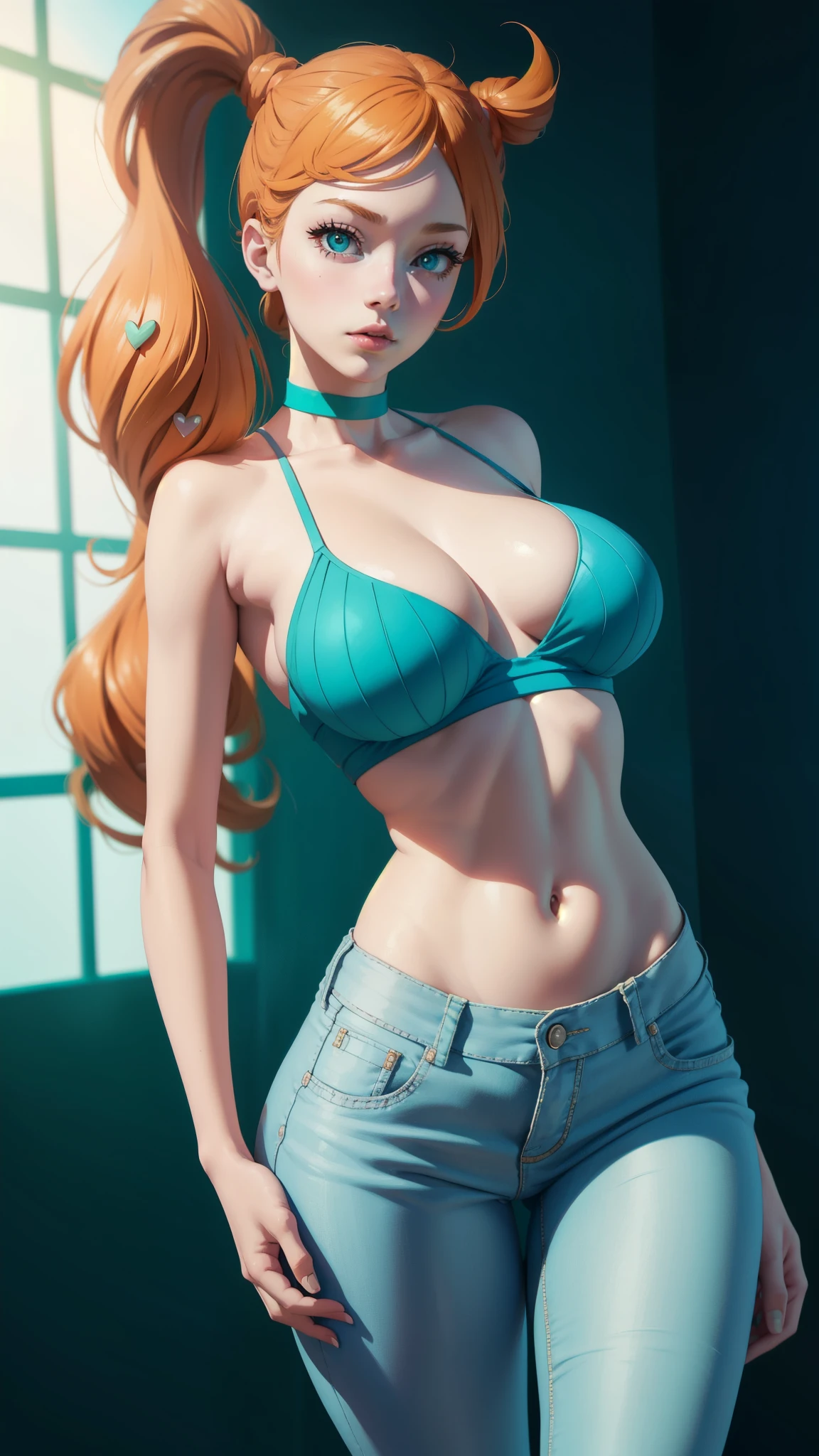Sonia from pokemon, in a dynamic pose, turquois camisole, tight jeans, large breasts, long legs, cleavage, milf, sexy body, navel, designed by Gucci::3, tumblr, inspired by Yanjun Cheng style, digital art, meme lofi internet girl, trend in dezeen, catalog photo, 3 d render beeple, rhads and lois van baarle, cartoon style illustration, bright pastel colors, a beautiful art illustration, --ar 2:3 --q 2