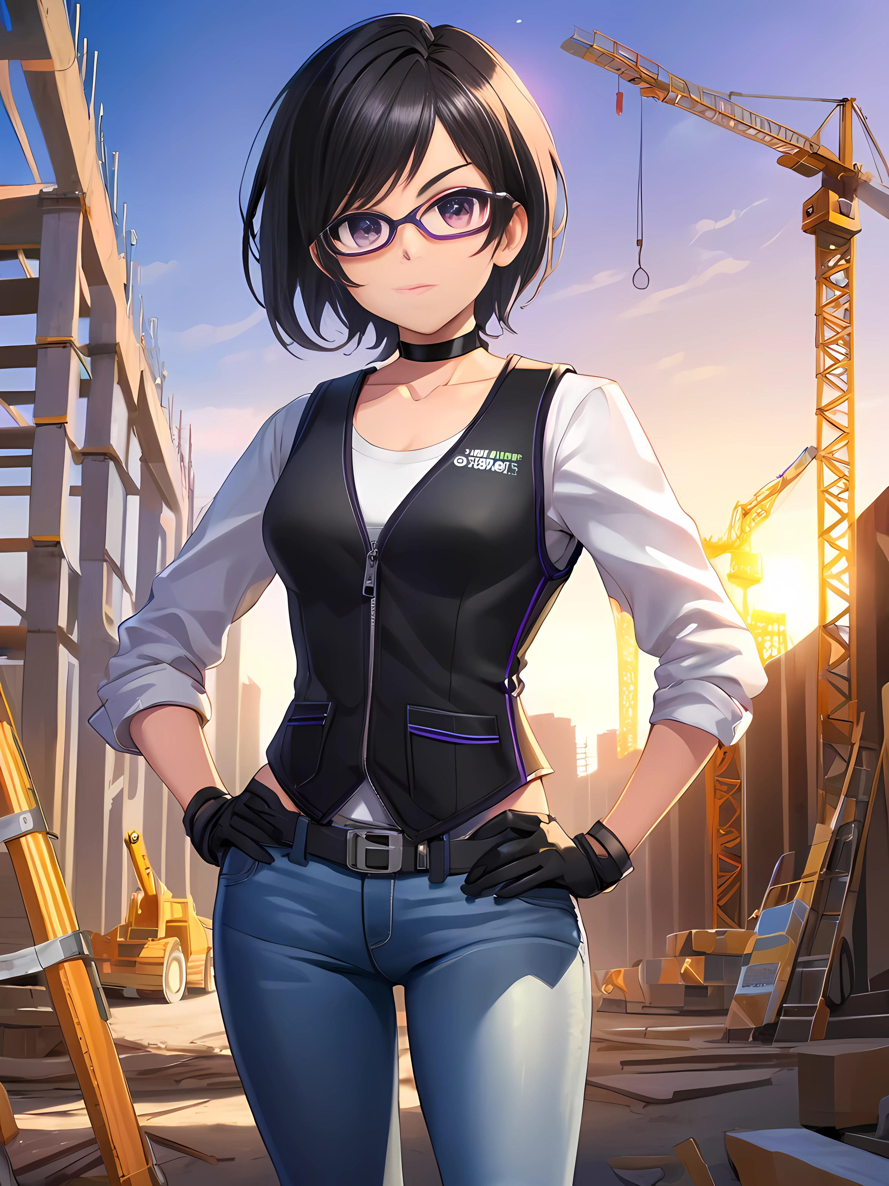 Anime-style female, high-resolution digital art, (Construction background:1.1), (Lighting:1.1), (Shadow:1.1), Tomboy Girl, Smart, Mature, Sexy, Short black hair, Black Plain chokers, purple pupil eyes, Wearing sleek black spandex under Construction Vest, Wear Gloves, Wear Boot, Wear Construction Safety Eye Glass, Wear Long Jeans, hands on hips.