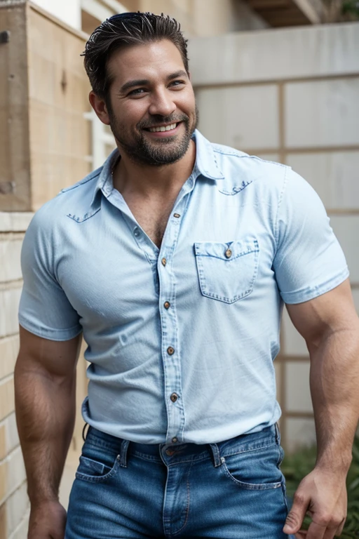 Award-winning original photoen, 30 years old man and wild muscular man, 40 years old, short beards, burly, hunk, wearing shirts, smilling happil, detailed, lovely, full body, (((blue white jeans)))