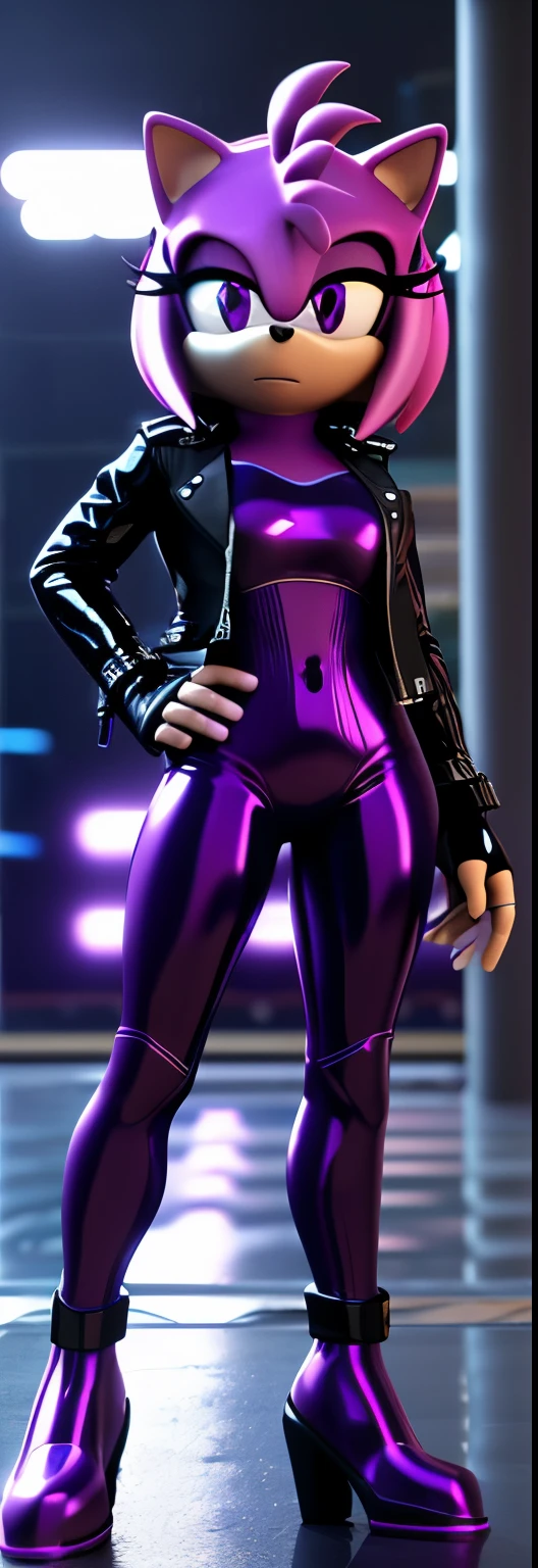 Solo, 1girl, full body image, rendered in SFM, ((sonic oc:1)), from sonic, high detail iconic character, in the new action-movie sonic, cyberpunk city, official render, 3d render official art, toon shader, ((female)), (((purple hedgehog:1))), ((shiny)) (purple fur:1.0), (((Amy rose style quills))), (((metallic purple eyeliner))) ((deep purple eyes:1.5)), ((calm neutral expression)), ray trace 4 k, ray trace 4k, (((metallic purple latex bodysuit))), (((leather jacket))), ((fingerless gloves:0.9))
