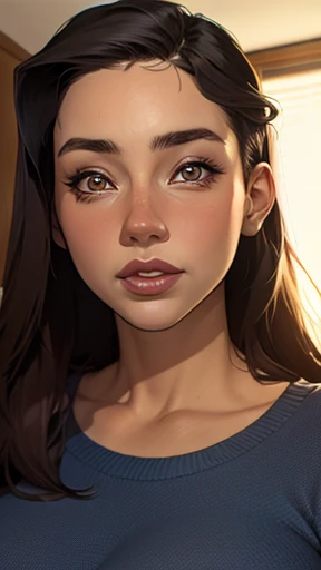 Close-up of a woman with long hair and a sweater, cabelo castanho encaracolado, linda modelo, retrato de alta qualidade, medium portrait soft light, parece a jovem liv tyler, retrato colorido, linda mulher, cabelo loiro cacheado | d & d, beautiful portrait lighting, uma linda jovem, modelo muito lindo, Retrato de 50mm, medium - long cabelo castanho encaracolado