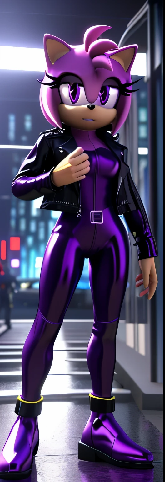 Solo, 1girl, full body image, rendered in SFM, ((sonic oc:1)), from sonic, high detail iconic character, in the new action-movie sonic, cyberpunk city, official render, 3d render official art, toon shader, ((female)), (((purple hedgehog:1))), ((shiny)) (purple fur:1.0), (((Amy rose style quills))), (((metallic purple eyeliner))) ((deep purple eyes:1.5)), ((calm neutral expression)), ray trace 4 k, ray trace 4k, (((metallic purple latex bodysuit))), (((leather jacket))), ((fingerless gloves:0.9))