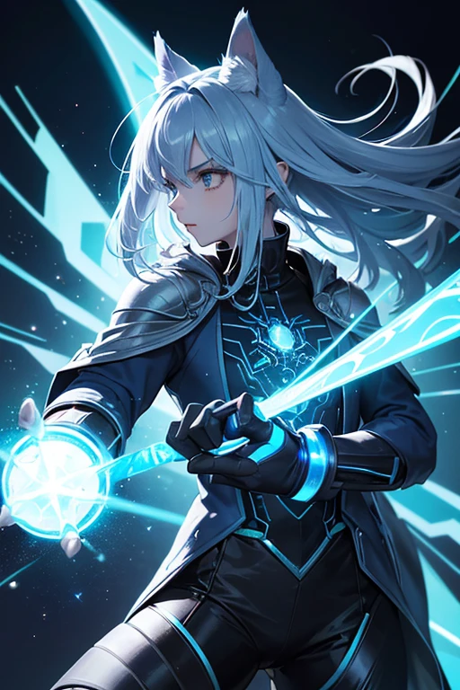 a wizard with a light blue human face and dark blue wolf ears, secret agent in a suit, with a dagger with glowing magic carvings, ice colored reflective suit, energy suit, light blue skin, bluish silver, manga art, eyes glowing, RPG fantasy, tanned skin, neon punk, art book, Studio ghibli, deep setting, in the middle of a retro cyber punk magical metropolis, magical light reflected in hair and ear, aura light, dynamic pose, side view , old anime style