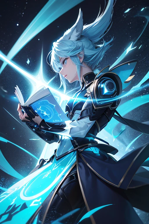 a wizard with a light blue human face and dark blue wolf ears, secret agent in a suit, with a dagger with glowing magic carvings, ice colored reflective suit, energy suit, light blue skin, bluish silver, manga art, eyes glowing, RPG fantasy, tanned skin, neon punk, art book, Studio ghibli, deep setting, in the middle of a retro cyber punk magical metropolis, magical light reflected in hair and ear, aura light, dynamic pose, side view , old anime style