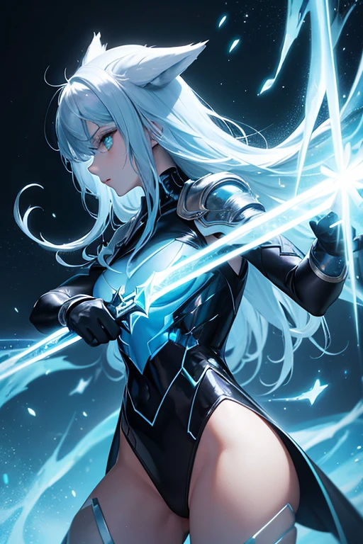 a wizard with a light blue human face and dark blue wolf ears, secret agent in a suit, with a dagger with glowing magic carvings, ice colored reflective suit, energy suit, light blue skin, bluish silver, manga art, eyes glowing, RPG fantasy, tanned skin, neon punk, art book, Studio ghibli, deep setting, in the middle of a retro cyber punk magical metropolis, magical light reflected in hair and ear, aura light, dynamic pose, side view , old anime style