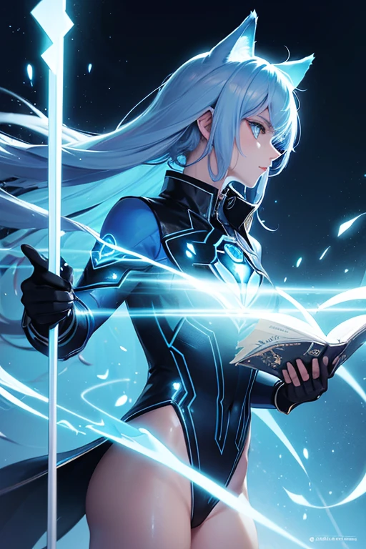 a wizard with a light blue human face and dark blue wolf ears, secret agent in a suit, with a dagger with glowing magic carvings, ice colored reflective suit, energy suit, light blue skin, bluish silver, manga art, eyes glowing, RPG fantasy, tanned skin, neon punk, art book, Studio ghibli, deep setting, in the middle of a retro cyber punk magical metropolis, magical light reflected in hair and ear, aura light, dynamic pose, side view , old anime style