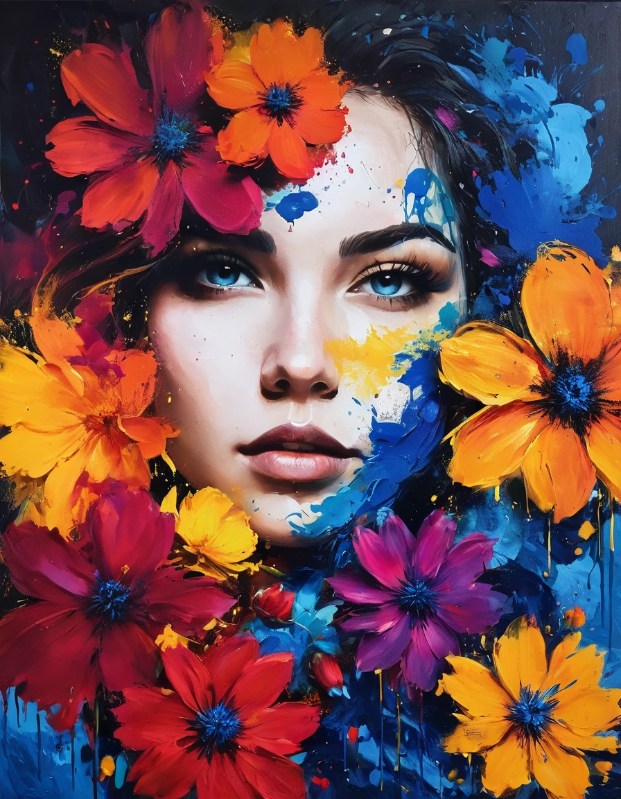 yktlr style,flower,painting,epic,awardwinning,trending on artstation and deviant art,dark,messy,abstract,high contrast, gradient hair, Honolulu Blue theme