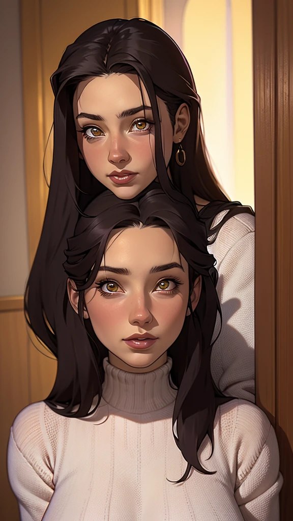 Close-up of a woman with long hair and a sweater, cabelo castanho encaracolado, linda modelo, retrato de alta qualidade, medium portrait soft light, parece a jovem liv tyler, retrato colorido, linda mulher, cabelo loiro cacheado | d & d, beautiful portrait lighting, uma linda jovem, modelo muito lindo, Retrato de 50mm, medium - long cabelo castanho encaracolado
