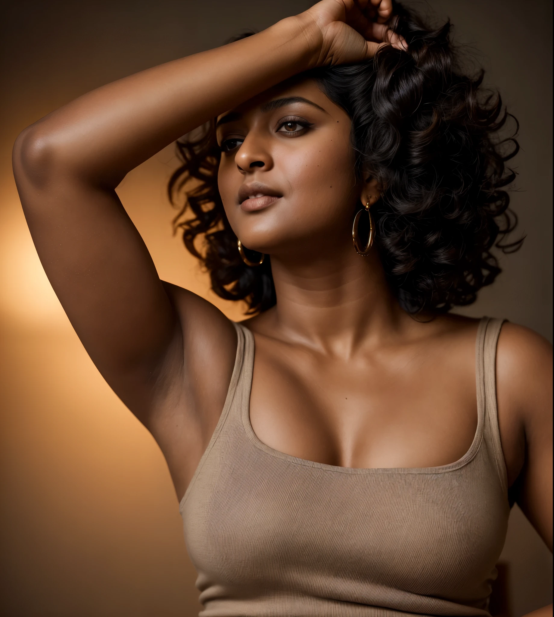 Looks like Anushka Shetty, a photo portrait of a beautiful girl 40 years old, with curls, styled black hair, (face portrait:1.5), dramatic light, Rembrandt lighting scheme, bust shot, linen tank top , top quality editorial photograph, skin texture, skin pores, chocolate skin, high quality skin, top quality photography, professional photography, professional retouching, insane detailing, warm moody tones, modern clothes, highly detailed armpits,