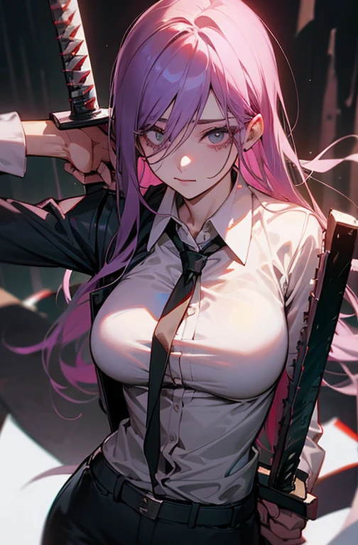 Cool women、sexy、Center of chest、Rize from Chainsaw Man、beauty、yandere、Sword in hand、Face close-up、