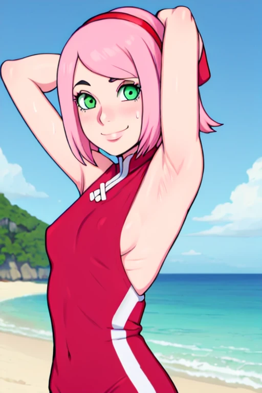 masterpiece, best quality, looking at viewer, upper body, portrait, looking at viewer, seductive smile, put your hands behind your head, armpits, armpits visible, sweaty armpits, haruna sakura, very small breasts, short pink hair, green eyes,wearing red outfit, red bandana, beach backround, adult, mature