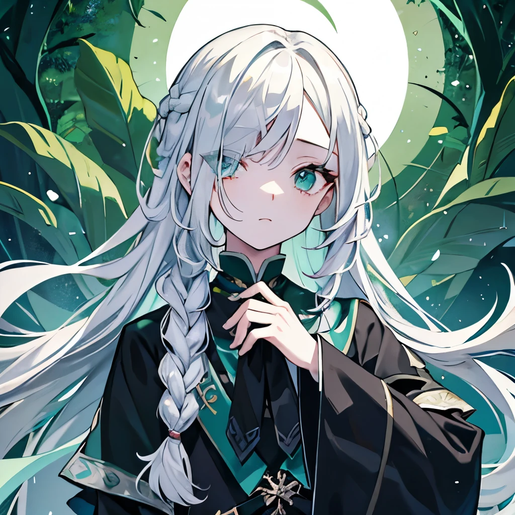 One Boy（Silver Hair、Green Eyes、Long straight hair、Braiding、One eye is hidden by hair、Black fortune teller outfit）Mysterious Star Eyes Cute、cool、Green leaves、Beautiful light、Masterpiece