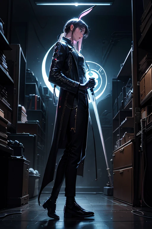 human Sorcerer secret agent, full body, wearing an elegant suit made with fine fabric and with magic circuits, holding in both hands a sword with a long handle with magical carved details glowing, whole rabbit ears, human face, glowing eyes, RPG fantasy, tanned skin, neon punk, art book, Studio ghibli, wide setting, in the middle of a magical cyber punk retro metropolis, magical light reflected in the hair and ear, aura of light, stylish pose, side view